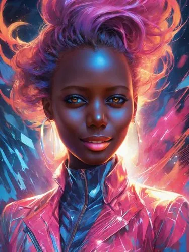 In this vibrant and surreal digital portrait signed by the artist "ai Jonas" we are invited to encounter a striking figure bathed in neon hues of blue and pink. The subject, a woman with flowing hair 