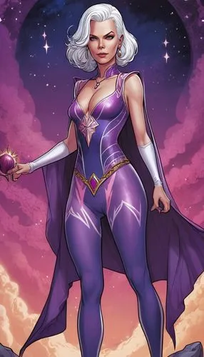 2D Comic portrait of Charlize Theoren as a white haired sorceror iin a purple and pink sorcerer leotard and decorated leggings.,an image of the villain in a purple dress,lilandra,ororo,namorita,sindel