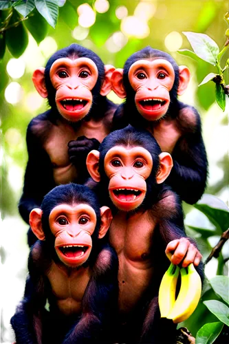 Three monkeys, various funny facial expressions, furrowed eyebrows, crossed eyes, open mouths, sticking out tongues, sitting on branches, holding bananas, green leaves background, warm sunlight filter