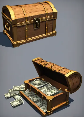 Design a realistic money bag hidden within a treasure chest.,treasure chest,attache case,pirate treasure,savings box,collected game assets,moneybox,wooden mockup,music chest,money case,briefcase,cashb