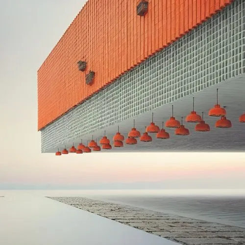 东方艺术，留白，氛围感,干净的色块,a building that has lights hanging on the wall,maasvlakte,shipping containers,vab,ijburg,bjarke,vlissingen,Photography,Documentary Photography,Documentary Photography 04