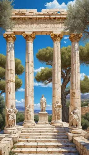 greek temple,ephesus,artemis temple,erechtheion,erechtheus,acropolis,hierapolis,celsus,celsus library,roman temple,akropolis,laodicea,leptis,dougga,segesta,temple of diana,temple of hercules,volubilis,tiryns,the ancient world,Illustration,Realistic Fantasy,Realistic Fantasy 42