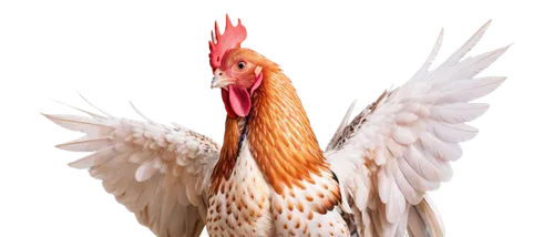 Fowl pox disease, infected chicken, close-up, feathers ruffled, scab-like lesions, red inflamed skin, wings spread, beak open, suffering expression, high-contrast lighting, shallow depth of field, rea