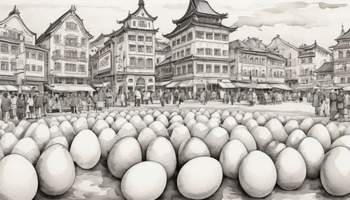 hamelin,wenceslas square,shanghai disney,pencil art,a flock of pigeons,tokyo disneyland,bremen,oktoberfest background,the pied piper of hamelin,dresden,scandia gnomes,harrods,crowds,pencil drawings,gdańsk,prussian asparagus,delft,escher village,hatching,penguin parade,Illustration,Paper based,Paper Based 30