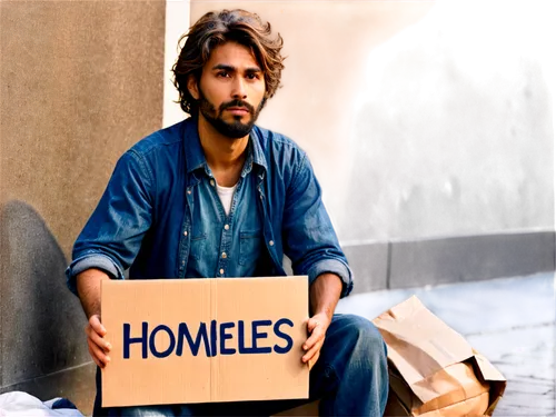 Homeless person, worn-out clothes, dirty beard, messy hair, tired eyes, sitting on street corner, holding cardboard sign, begging for money, urban background, afternoon sunlight, shallow depth of fiel