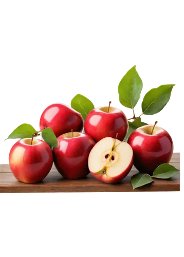 Still life, apples arrangement, shiny surface, juicy red skin, leafy green stem, wooden table, rustic background, warm lighting, 3/4 composition, shallow depth of field, soft focus, realistic texture,