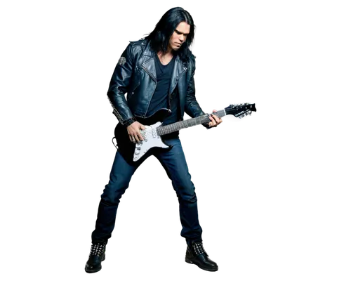 Heavy metal musician, male, aggressive facial expression, long black hair, tattoos on arms, black leather jacket, ripped jeans, silver studded belt, black boots, holding electric guitar, playing solo,