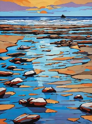 beach landscape,coastal landscape,sea landscape,low tide,rocky beach,seascape,tide pool,carol colman,rocky coast,pebble beach,waterscape,estuary,runswick bay,seascapes,water scape,seashore,shore line,glass painting,estuarine,north sea coast,Conceptual Art,Oil color,Oil Color 24