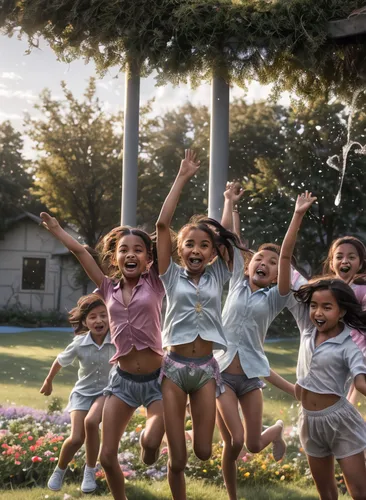 A group of children, sporting colorful shirts, jump and shout on to each other as they laugh and play. The scene is set in a lush green meadow, with a fountain in the distance. One dog, with a shaved 