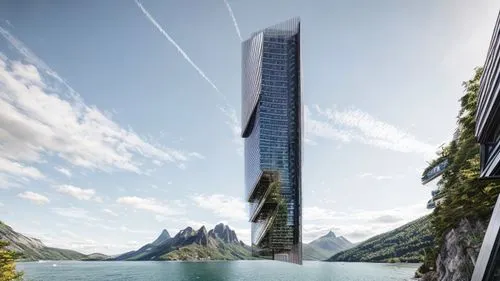 building hanging by the mountain floating above lake,skyscapers,skycraper,high-rise building,the skyscraper,skyscraper,croda da lago,residential tower,renaissance tower,futuristic architecture,buildin