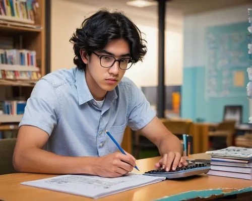 Architecture student, young adult, (20yo), serious expression, black hair, glasses, white shirt, blue jeans, sneakers, sitting, desk, chair, lamp, books, papers, pencils, eraser, ruler, calculator, co