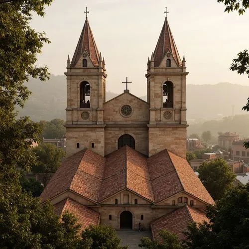 Romanesque church, terracotta rooftops, curved arches, ornate stone carvings, grand bell towers, rustic clay tiles, medieval-inspired design, intricate stonework patterns, weathered bronze details, lu