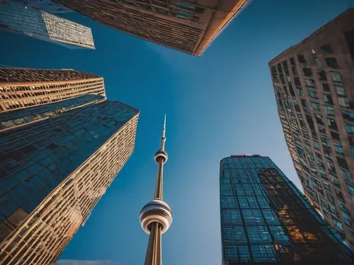 Toronto skyscraper, modern, glass, steel, sleek, angular, reflective, CN Tower, City Hall, urban, downtown, financial district, busy streets, pedestrians, cars, buses, streetlights, evening, sunset, w