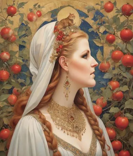 woman eating apple,persephone,ceremonials,girl in a wreath,golden apple,lughnasadh,Digital Art,Impressionism