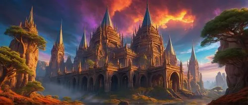 Ancient, mystical, fantasy architecture, grandiose, intricate details, ornate carvings, glowing runes, towering spires, majestic arches, mystical orbs, levitating islands, wispy clouds, vibrant colors