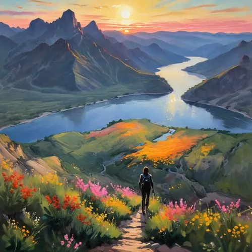 mountain sunrise,lupines,landscape background,alpine sunset,mountain landscape,alpine crossing,world digital painting,the valley of flowers,high landscape,mountain scene,salt meadow landscape,purple landscape,digital painting,mountain meadow,nature landscape,mountainous landscape,springtime background,flower in sunset,mountain valley,landscape,Conceptual Art,Oil color,Oil Color 10