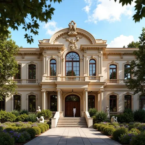 Ornate high school building, Renaissance-style fa\u00e7ade, grand entrance archways, ornamental columns, carved stone details, intricate wooden doors, stained glass windows, vaulted ceilings, decorati