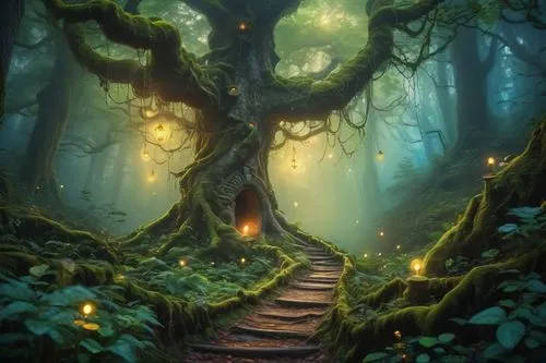 Fantasy landscape, mystical forest, ancient trees with glowing mushrooms, twinkling fireflies, misty atmosphere, warm sunset light, rugged stone path, winding through the trees, leading to a mystical 