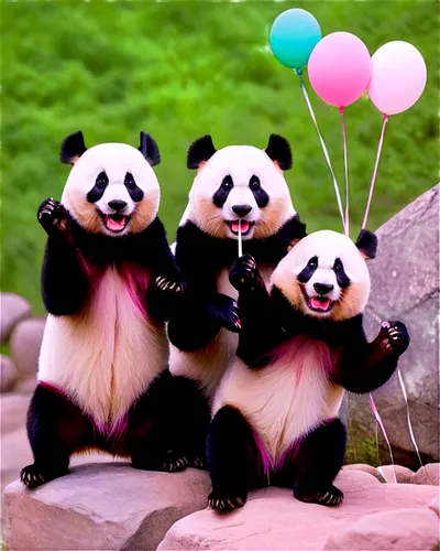 Cheering animals, pandas, group of three, cute faces, fluffy fur, black eyes, pink noses, white paws, sitting on rocks, holding small flags, colorful balloons, joyful atmosphere, warm sunlight, shallo