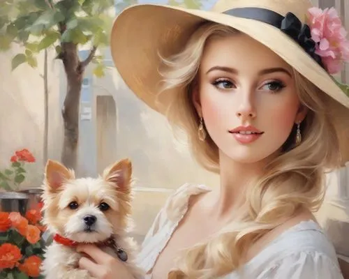 Very impressionist, colourful, oil painting portrait of a beautiful blonde lady, wearing a hat and holding a small dog, in the style of Konstantin Razumov, outdoor at a bistro in Paris,girl with dog,b