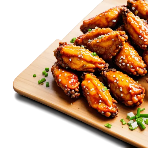 Spicy hot wings, isolated, solo, golden brown crispy skin, juicy meat, dripping sauce, sesame seeds, green onions, blue cheese crumbles, wooden table, shallow depth of field, warm lighting, 3/4 compos