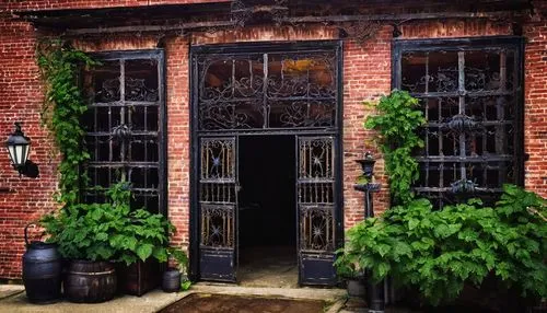 Richmond VA, architectural salvage store, old brick building, worn wooden sign, vintage metal door handles, rusty metal gates, stone walls, ivy-covered exterior, intricate stonework, ornate ironwork, 