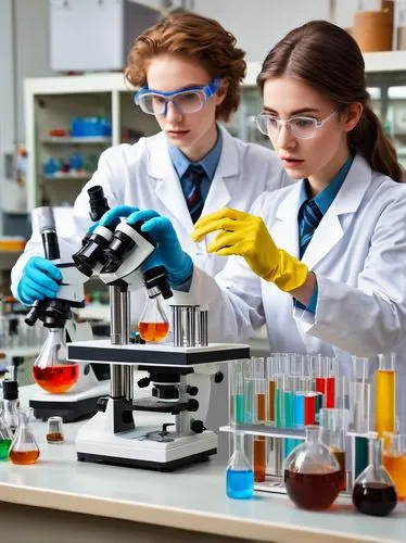 Science school, modern architecture, white walls, glass windows, metal railings, futuristic laboratory equipment, microscopes, test tubes, beakers, students in lab coats, goggles, gloves, messy brown 