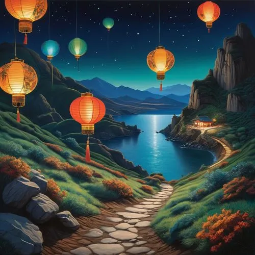 lanterns,mid-autumn festival,lampion,oriental lantern,fairy lanterns,world digital painting,illuminated lantern,pallonji,fantasy picture,japanese paper lanterns,angel lanterns,fantasy landscape,lantern string,luminarias,landscape background,hanging lantern,rongfeng,japanese lantern,fantasy art,lampion flower,Photography,Artistic Photography,Artistic Photography 02