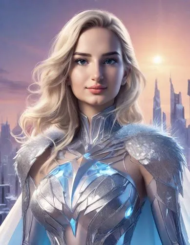 A confident blonde woman wearing a sleek and futuristic superheroine outfit made of ice, with intricate crystalline patterns that shimmer in the light. She stands tall against a backdrop of a frozen c