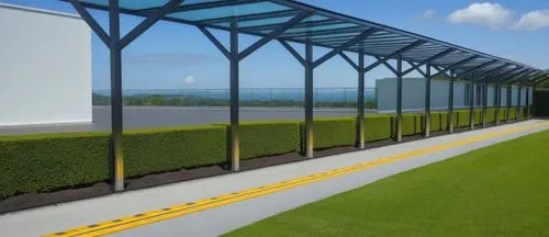 A modern outdoor walkway with metal posts supporting a glass roof, with the same design as in the original image. The posts, originally grey, are now matte black. The setting features the same hedges,