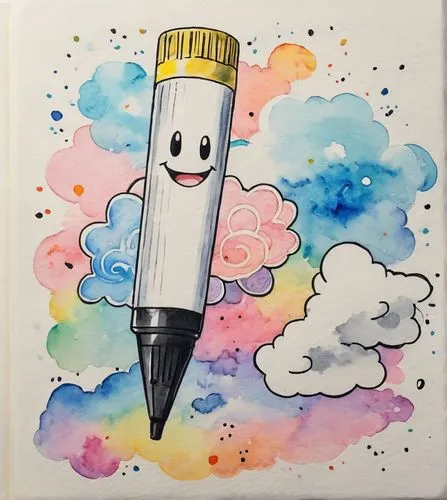 a smiling marker surrounded by a cloud
drawn in the style of pen and paper with watercolor like the first edition pokemon cards drawn in the style of Ken Sugimori drawn in the style of pokemon

a mark