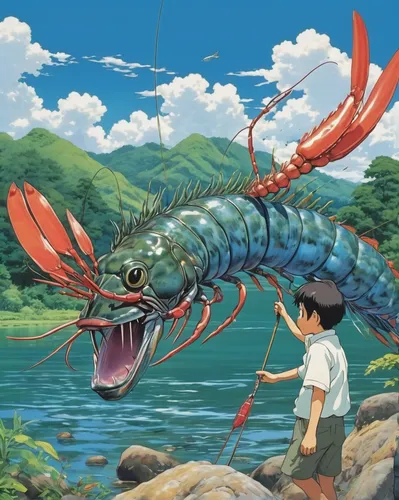 studio ghibli,dragon boat,shrimp killer,dragon of earth,shrimp inspector gadget crayfish,yo-kai,river crayfish,sea food,krill,giant river prawns,crayfish,fishing float,shrimp fishing,amano,dragon li,dragonboat,seafood,angler,shrimp inspector gadget,sea foods,Illustration,Japanese style,Japanese Style 14