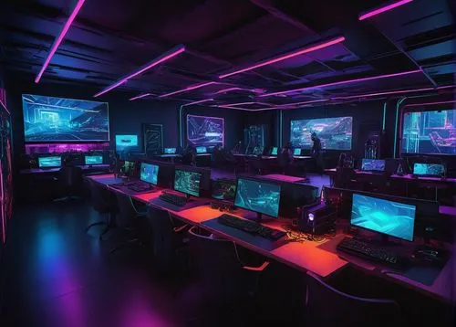 Cyberpunk Discord server interior, futuristic neon lights, sleek metal tables, high-tech computer screens, robotic arms, wires and circuits, holographic projections, AI-generated artwork displays, vir