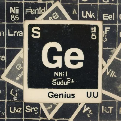 Elements from the periodic table arranged to spell "Genius" with the symbols for Germanium (Ge), Nickel (Ni), Uranium (U), and Sulfur (S) in dark tiles with white lettering.,an element on the side of 