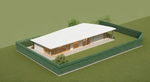 Detached house on one floor, isolated and surrounded by a garden.,the image shows a computer generated picture of a house,sketchup,passivhaus,3d rendering,small house,greenhut,miniature house,Illustra