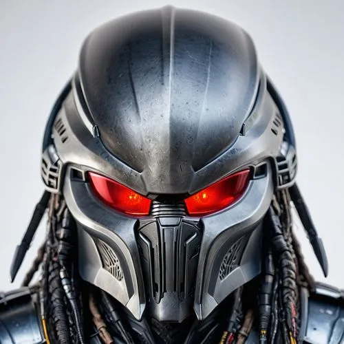 dark grey no mouth alien warrior "predator" helmet , white background,war machine,predator,motorcycle helmet,iron mask hero,alien warrior,cybernetics,metal,cyborg,hot metal,bicycle helmet,suit actor,c