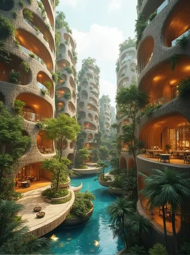 futuristic landscape,futuristic architecture,ecotopia,terraformed,interlace,arcology