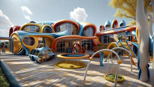 popeye village,3d rendering,panoramical,solar cell base,3d bicoin,3d render,3d fantasy,futuristic landscape,3d rendered,holiday complex,escher village,teacups,school design,futuristic architecture,cartoon video game background,fantasy city,eco hotel,cube stilt houses,digital compositing,children's playground