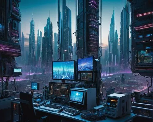 Cyberpunk futuristic cityscape, complex network infrastructure, neon lights reflecting off sleek metallic surfaces, towering skyscrapers in the background, intricate circuit boards, wires and cables t