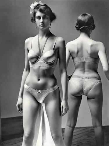 Sandra on the catwalk, presenting underwear,two very  women wearing  lingerie underwear,brassai,meyerhold,blumenfeld,lempicka,kertesz,avedon,Photography,Black and white photography,Black and White Pho