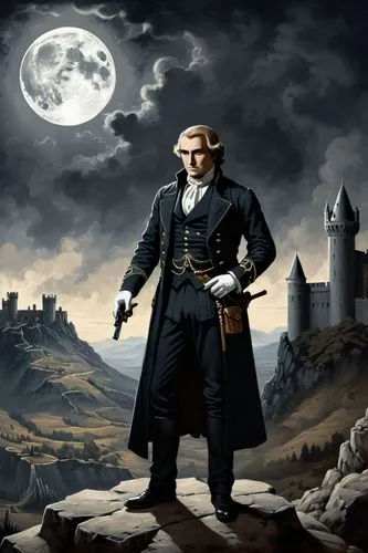 Highly detailed and lifelike full body illustration of a Genestealer Cult  standing, realistic lighting and shadows, far awaty a castle and the full moon on the sky, mountains, misty air,  clouds and 