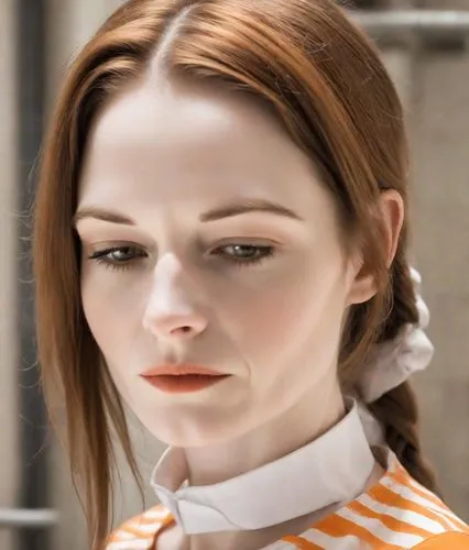 doll's facial features,daisy jazz isobel ridley,porcelain doll,artificial hair integrations,orange,realdoll,collared,asymmetric cut,tilda,orange color,redhead doll,female model,side face,updo,woman face,orange half,a wax dummy,semi-profile,porcelain dolls,profile