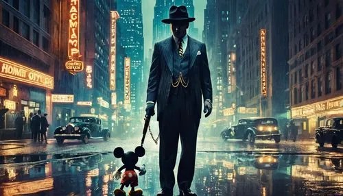 Mickey Mouse, gangster, 1920s style, suit, fedora hat, gold chain, cigar, holding Tommy gun, standing, city street, night scene, neon lights, skyscrapers, rainy, puddles, reflections, cinematic compos