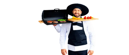 Male cook, outdoor kitchen, apron, chef hat, white shirt, black pants, cooking utensils, sizzling pan, juicy meat, colorful vegetables, wooden cutting board, morning sunlight, 3/4 composition, shallow