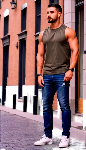 Muscular man, athletic build, short black hair, strong jawline, piercing brown eyes, trimmed beard, sleeveless shirt, ripped jeans, sneakers, confident posture, standing with hands on hips, city stree