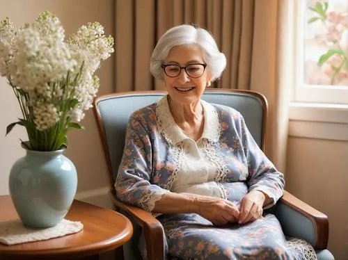 Elderly woman, senior living, interior design, cozy atmosphere, warm beige walls, wooden furniture, soft cushions, gentle wrinkles, reading glasses, silver hair, comfortable slippers, floral patterned