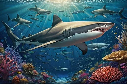 aquarium decor,underwater background,aquarium inhabitants,bronze hammerhead shark,aquarium,requiem shark,dolphin background,great white shark,marine reptile,ocean background,cetacea,shark,sharks,underwater world,underwater landscape,sea animal,sand tiger shark,marine animal,sea-life,orca,Illustration,Retro,Retro 13