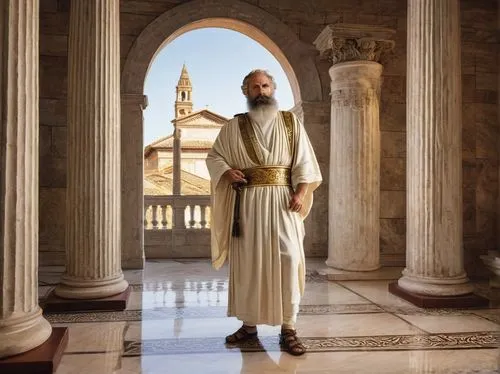 Ancient Roman architect, Marcus Vitruvius, standing, holding compass, wearing traditional Roman attire, white toga, golden accessories, laurel wreath on head, beard, mustache, serious facial expressio