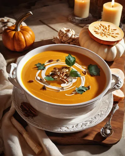 Create a relaxing spa environment where you indulge in a silky smooth pumpkin cream soup.,pumpkin soup,cream of pumpkin soup,carrot and red lentil soup,lentil soup,bisque,pumpkin pie spice,vegetable s