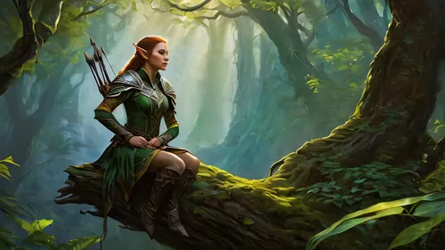 Highly detailed and realistic painting of a female elf ranger, inspired by Tolkien's Middle Earth, sitting on a tree branch in a lush forest. The painting captures the beauty and strength of the elven